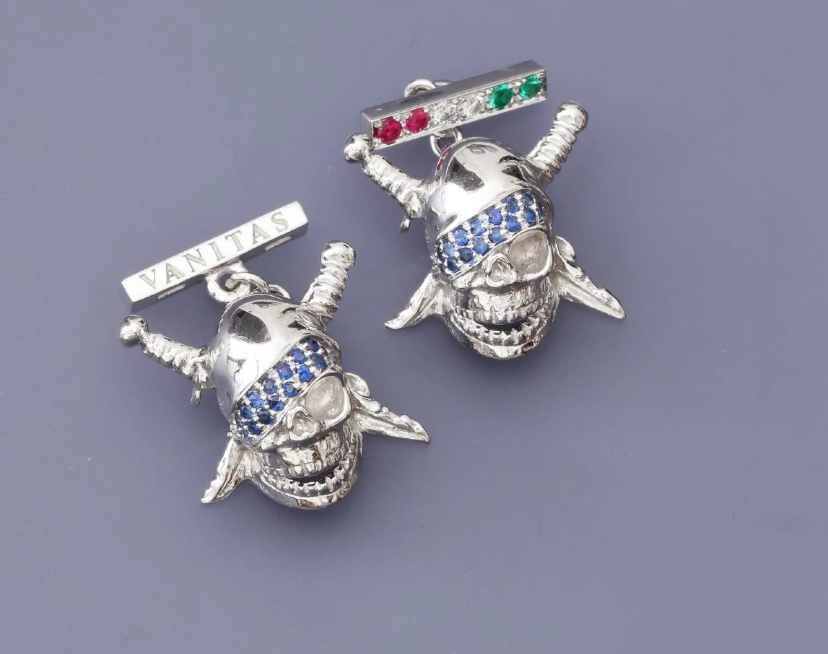 Paire de boutons de manchette En or gris 18k (750) tête de mort-photo-6