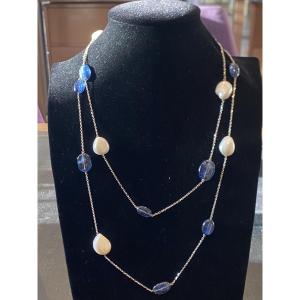 signé Técla Long sautoir  Perles et saphirs Or 119 cm