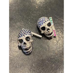 Cufflinks In 750 White Gold, Skull And Crossbones