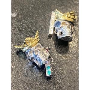 Pair Of Cufflinks In White And Yellow Gold 750 Skull And Crossbones