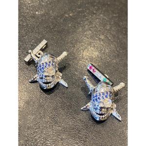 Pair Of Cufflinks In 18k (750) White Gold, Skull And Crossbones
