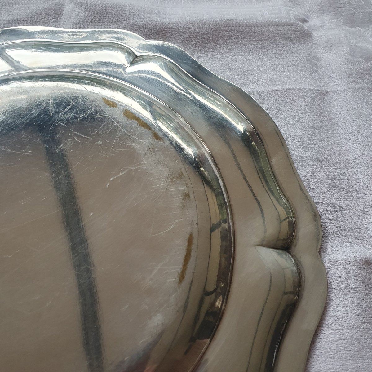 Large Round Silver-colored Metal Dish-photo-3
