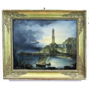 GIUSEPPE AMARETTI  VUE DU GOLFE DE GÊNES AVEC LA LANTERNE ET LES PÊCHEURS
