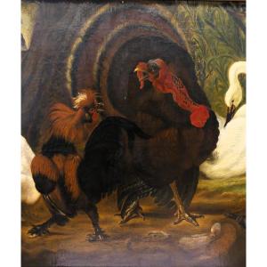 Querelle entre une dinde et un coq – d'après Abraham Busschop