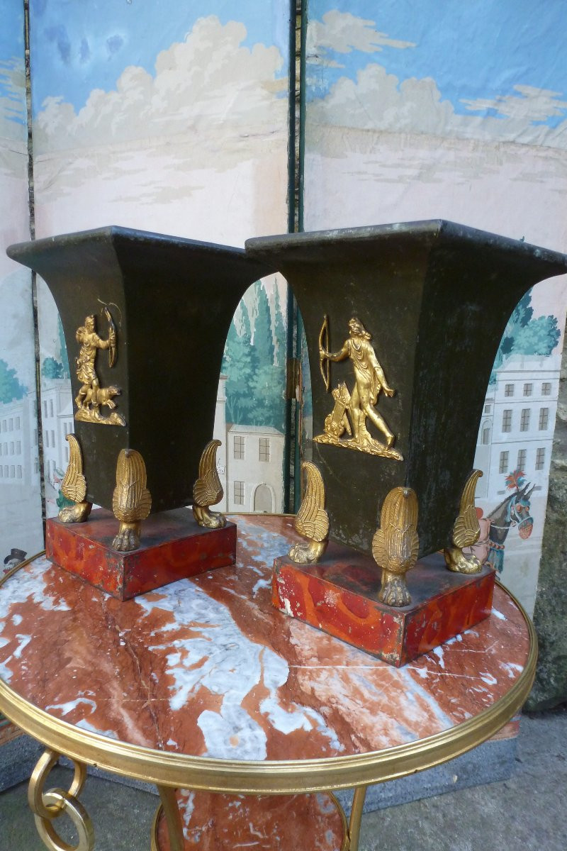 Pair Of Large Sheet Metal Vases From The Empire Period.-photo-4