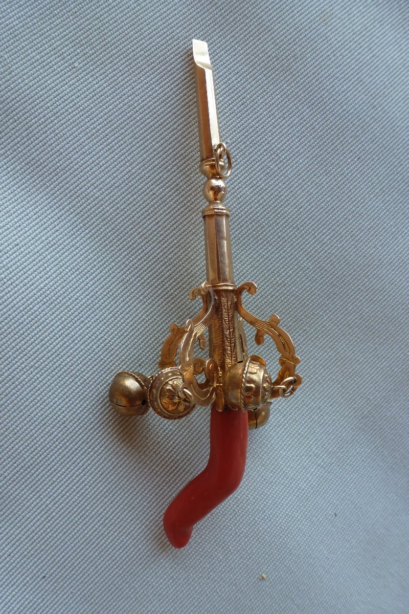 Vintage Rattling Whistle With Bells, Restored With Gold And Coral-photo-2
