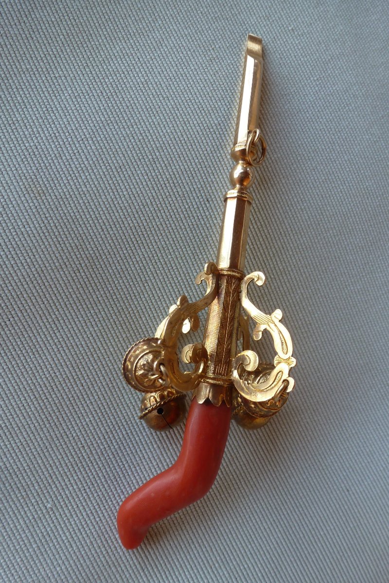 Vintage Rattling Whistle With Bells, Restored With Gold And Coral-photo-3