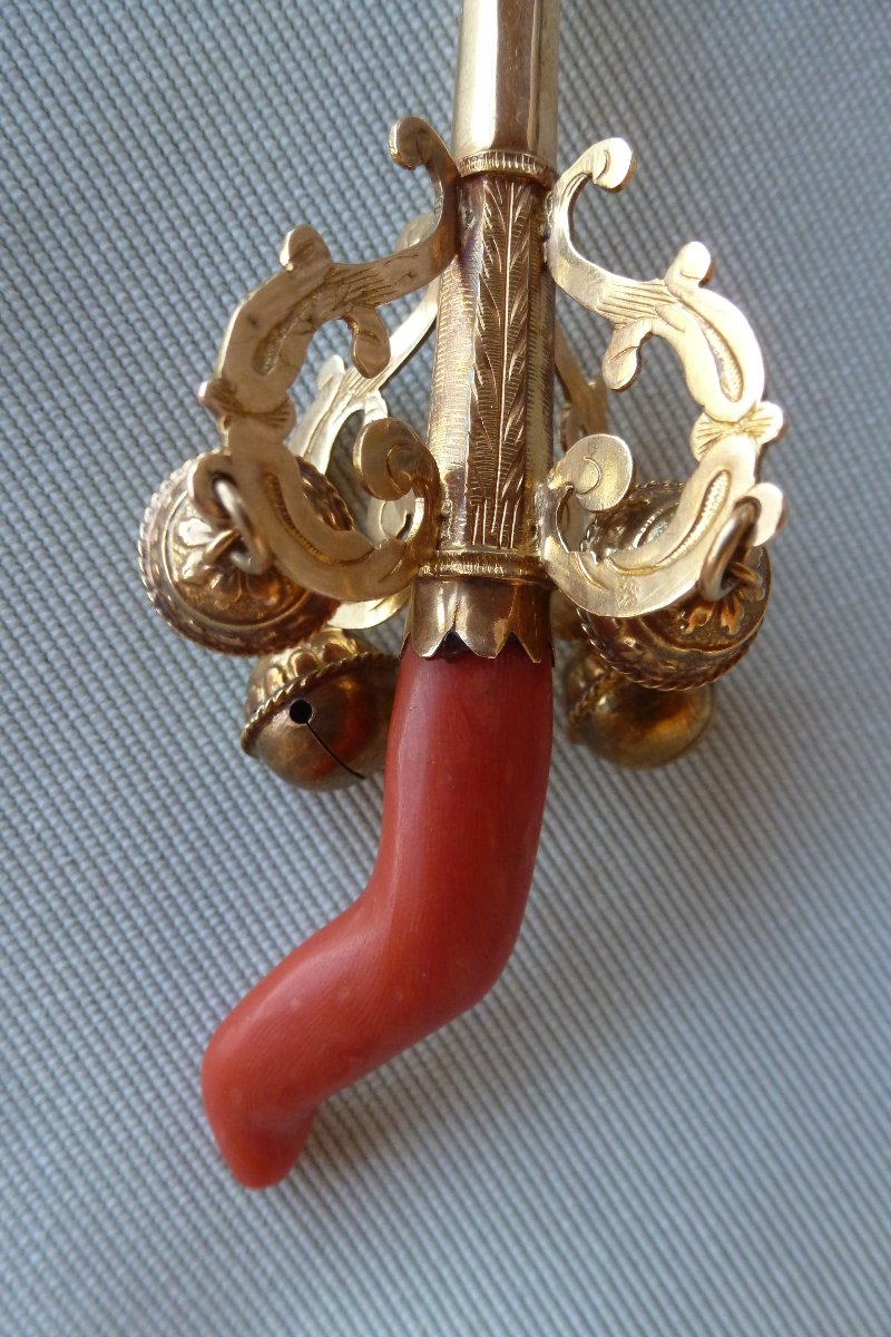 Vintage Rattling Whistle With Bells, Restored With Gold And Coral-photo-4
