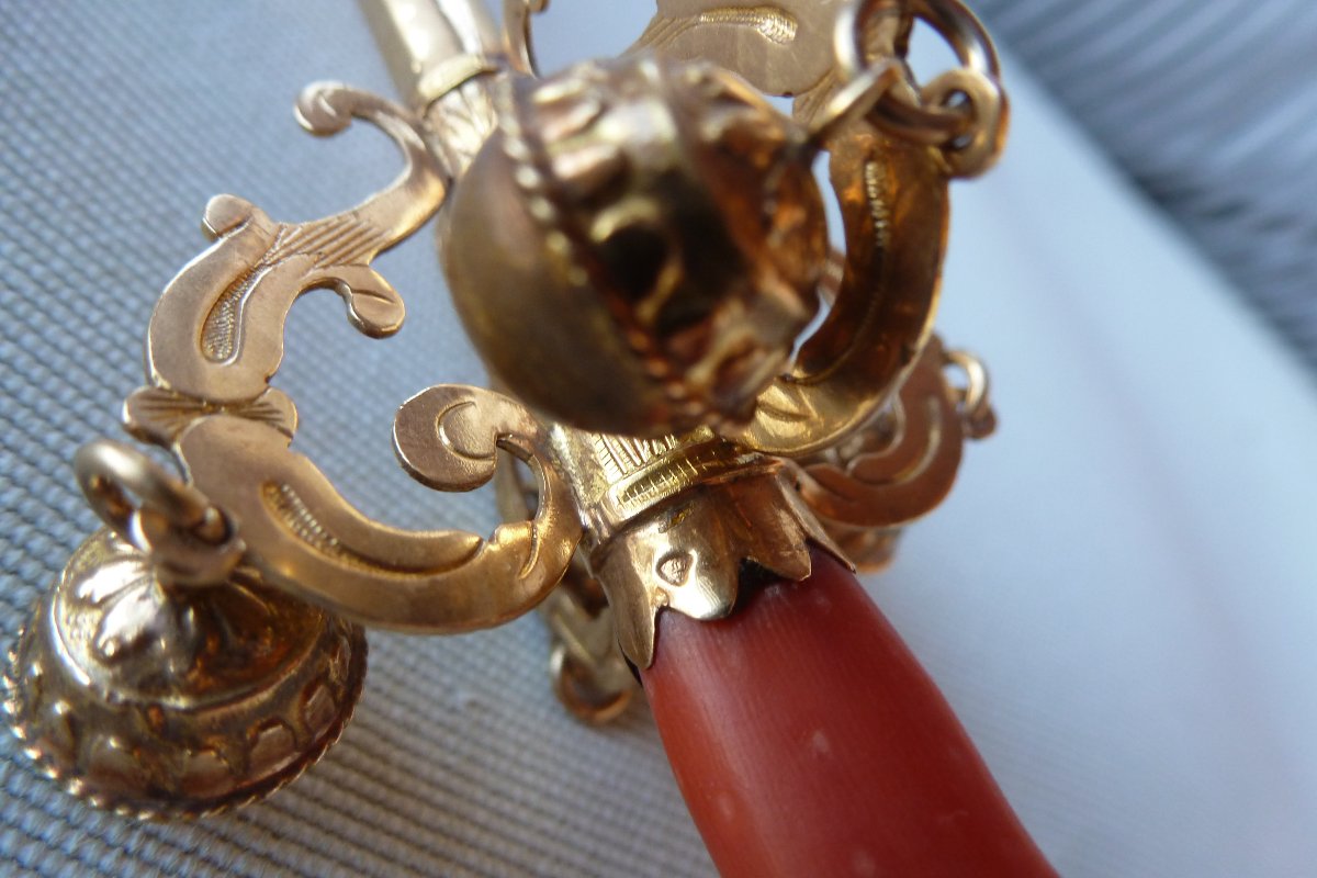 Vintage Rattling Whistle With Bells, Restored With Gold And Coral-photo-1