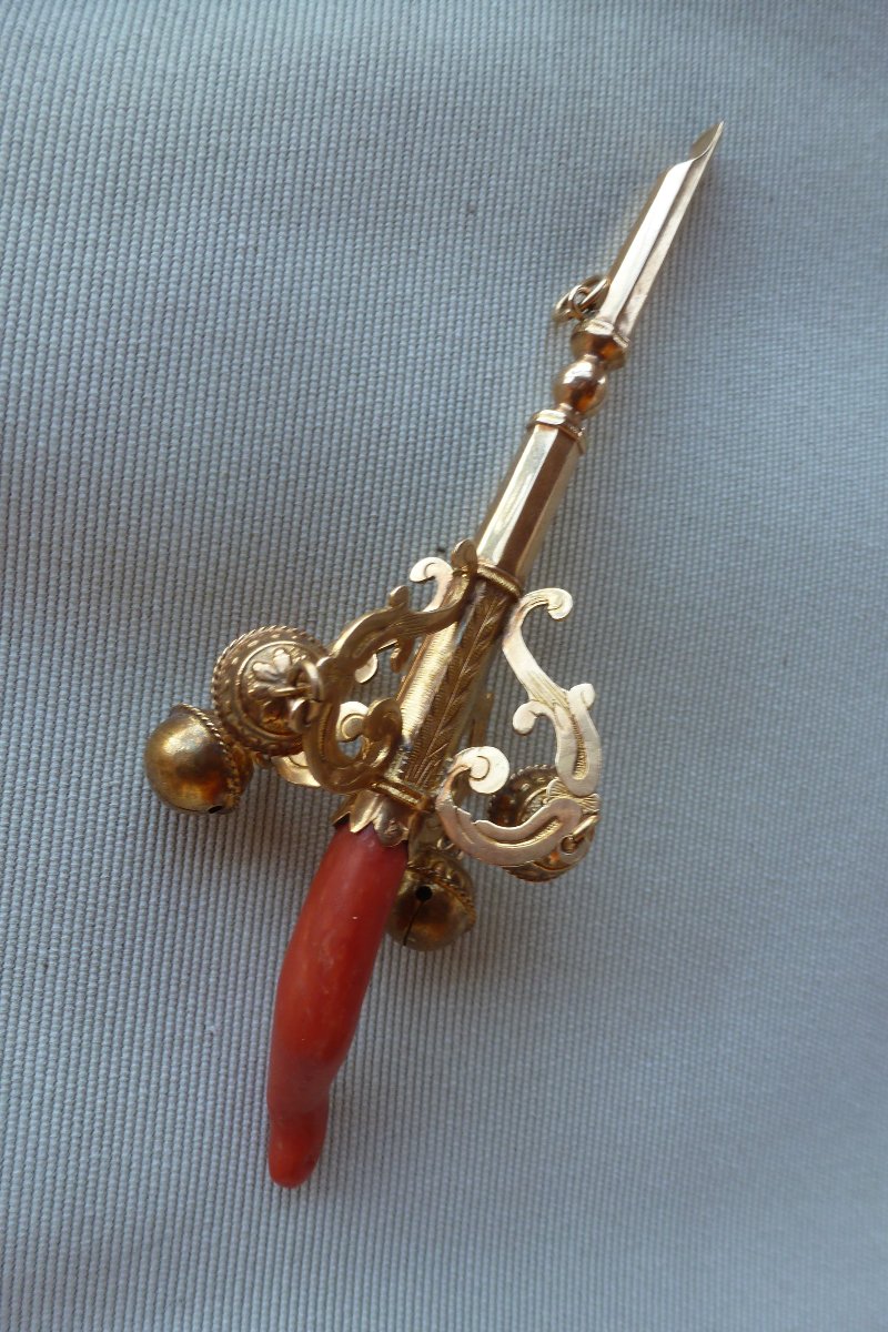 Vintage Rattling Whistle With Bells, Restored With Gold And Coral