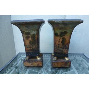 Pair Of Lacquered Sheet Metal Vases From The Early 19th Century