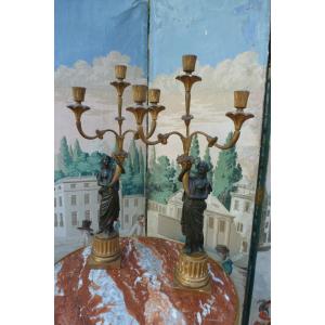 Pair Of Gilded And Patinated Wood Candelabra, Late 18th Century