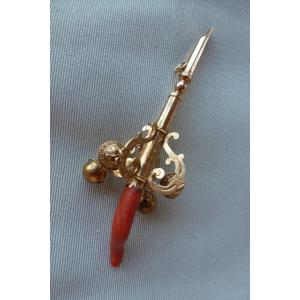 Vintage Rattling Whistle With Bells, Restored With Gold And Coral