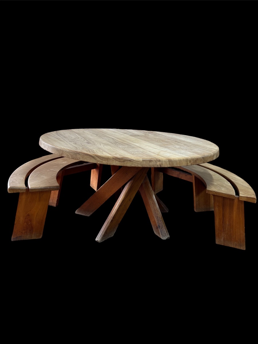 Pierre Chapo T21 Table And 2 Benches -photo-4