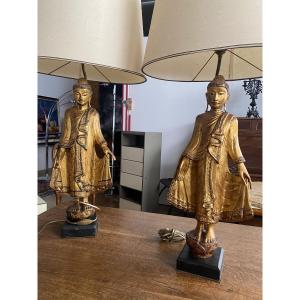 2 Religious Statuettes Asia Mounted Lamp 