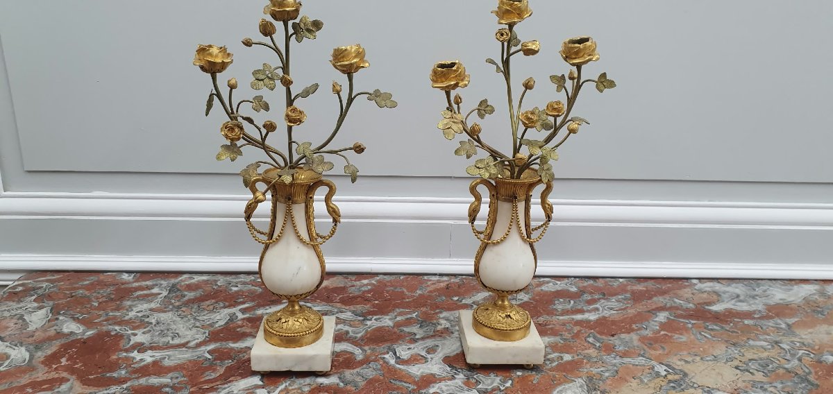 Pair Of Candelabra With Vases Of Flowers - Louis XVI Period