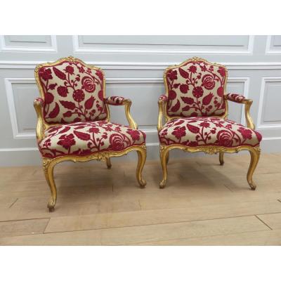Armchairs Pair Louis XV Gilded Wood
