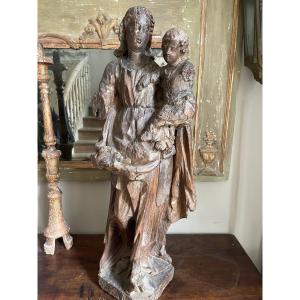 Vierge à L’enfant En Bois Sculpté fin XVI ème 