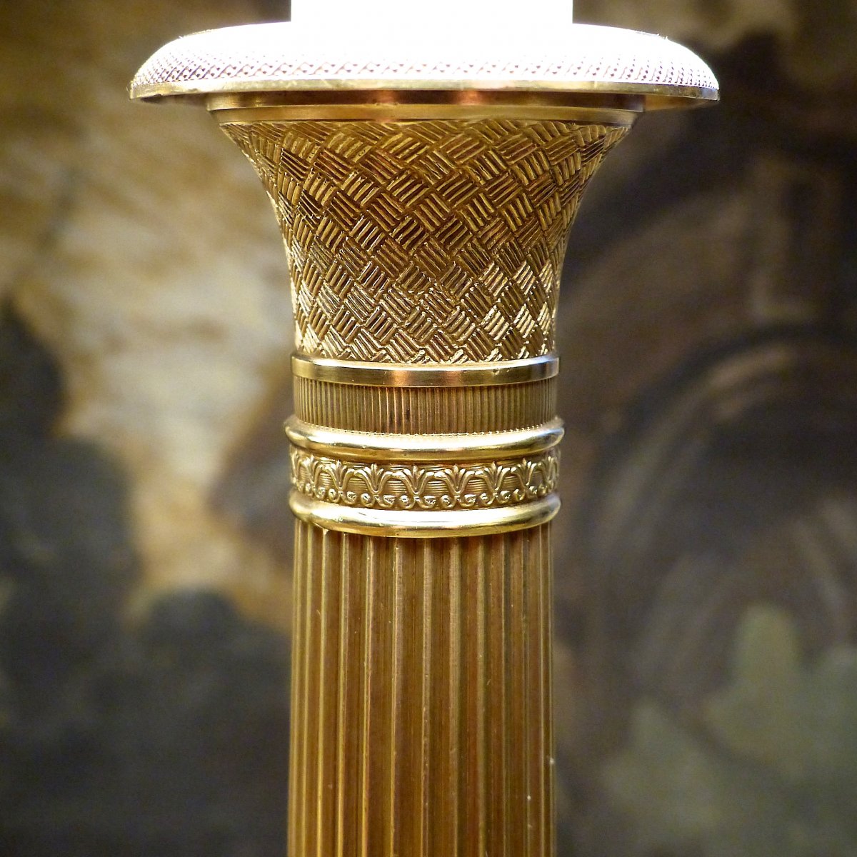 Paire de lampes bougeoirs Restauration, bronze doré, début XIXe-photo-3