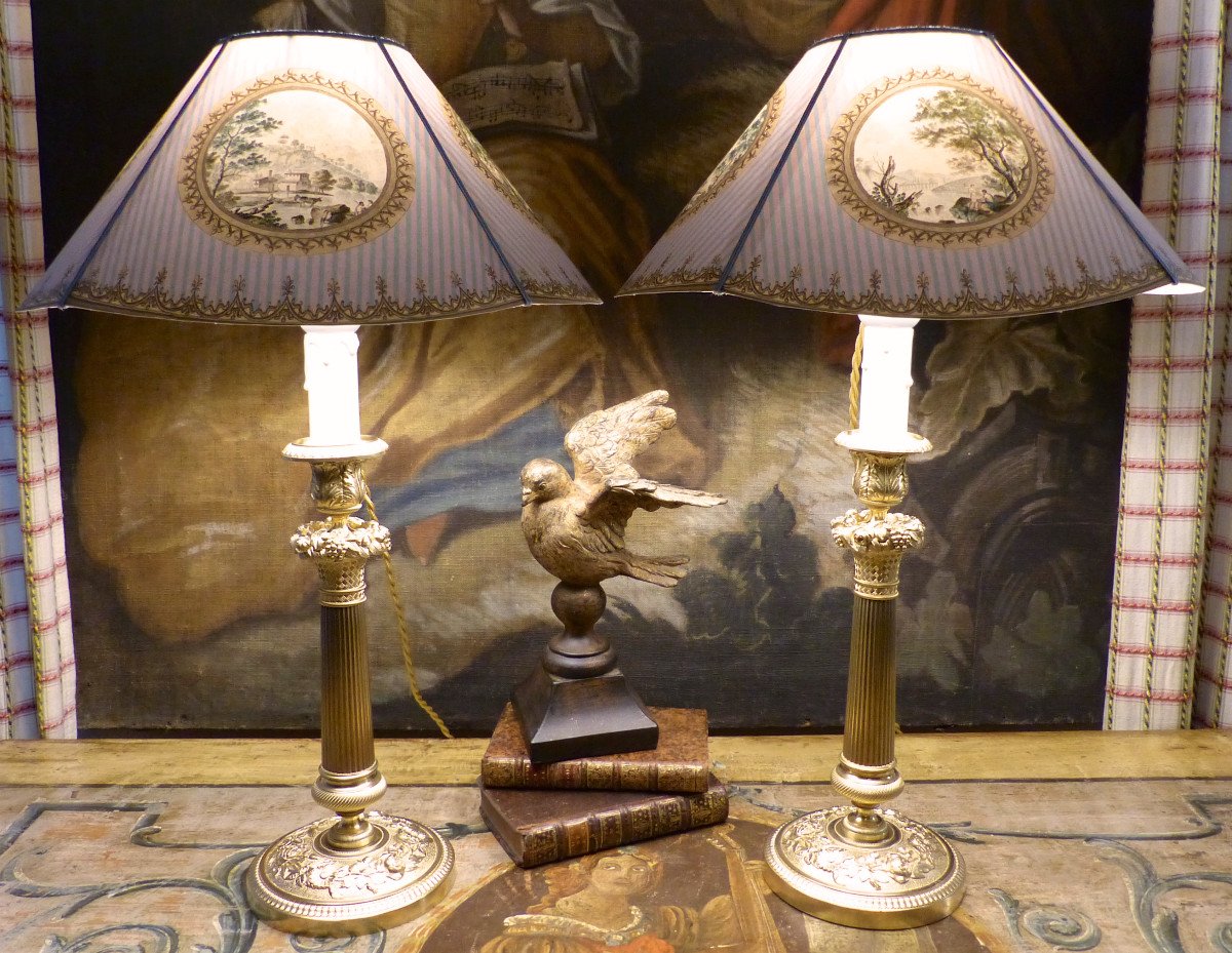 Pair Of  Nicely Chiseled Gilt Bronze Candlesticks Lamps, Decorated With Flowers And Fruits,  Restoration Era, Early 19th Century-photo-4