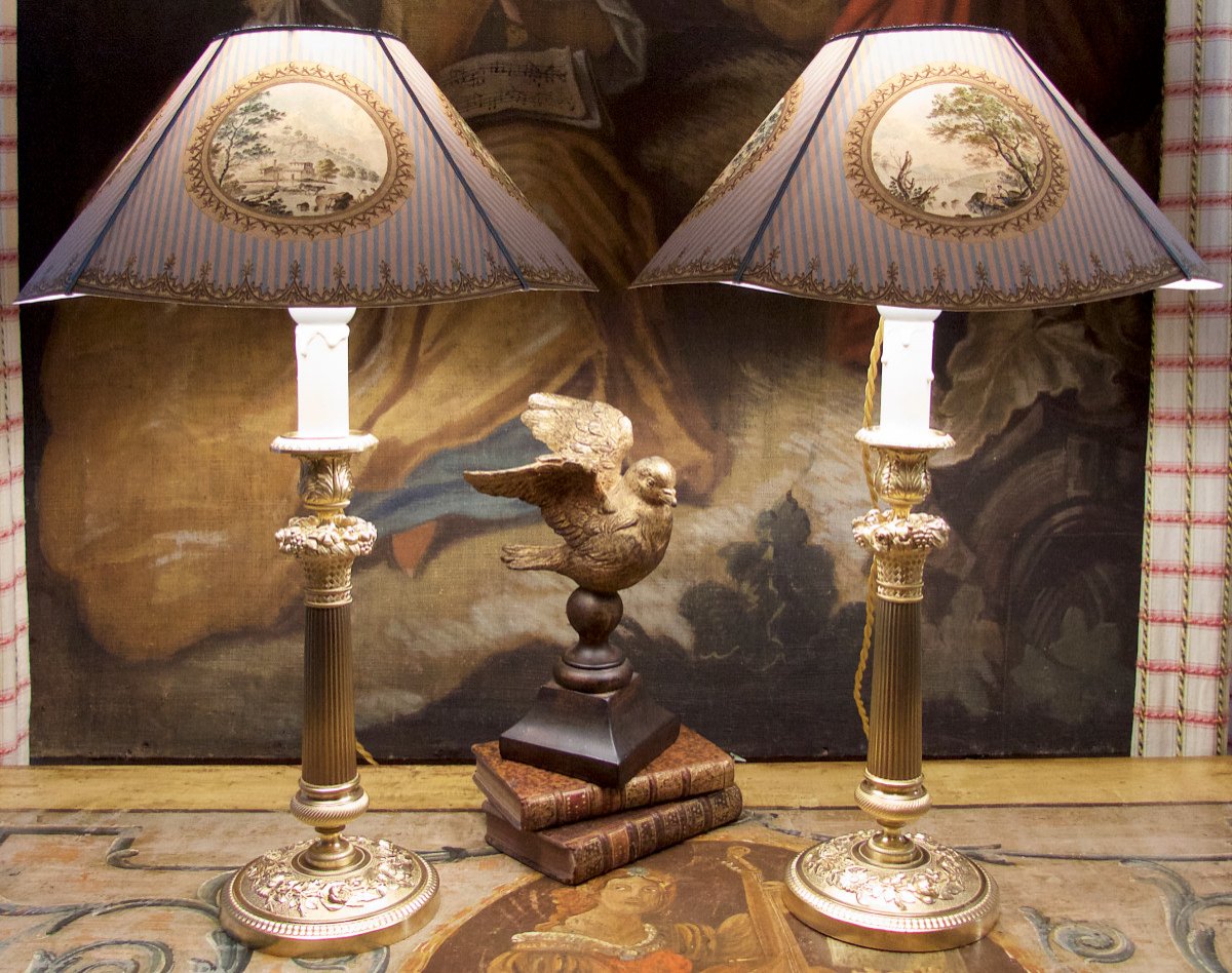 Pair Of  Nicely Chiseled Gilt Bronze Candlesticks Lamps, Decorated With Flowers And Fruits,  Restoration Era, Early 19th Century