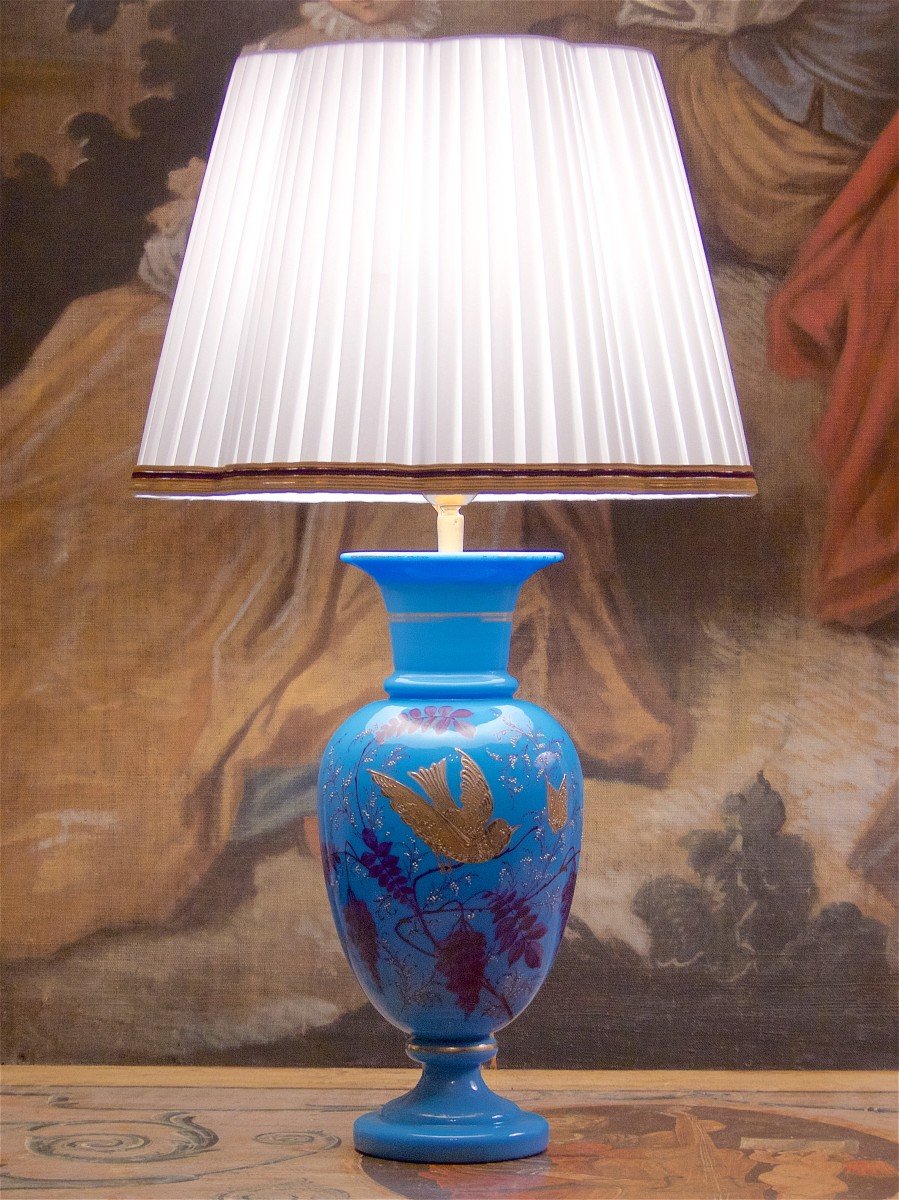 Large Blue Opaline Vase Richly Decorated Mounted In Lamp, 19th Century-photo-2