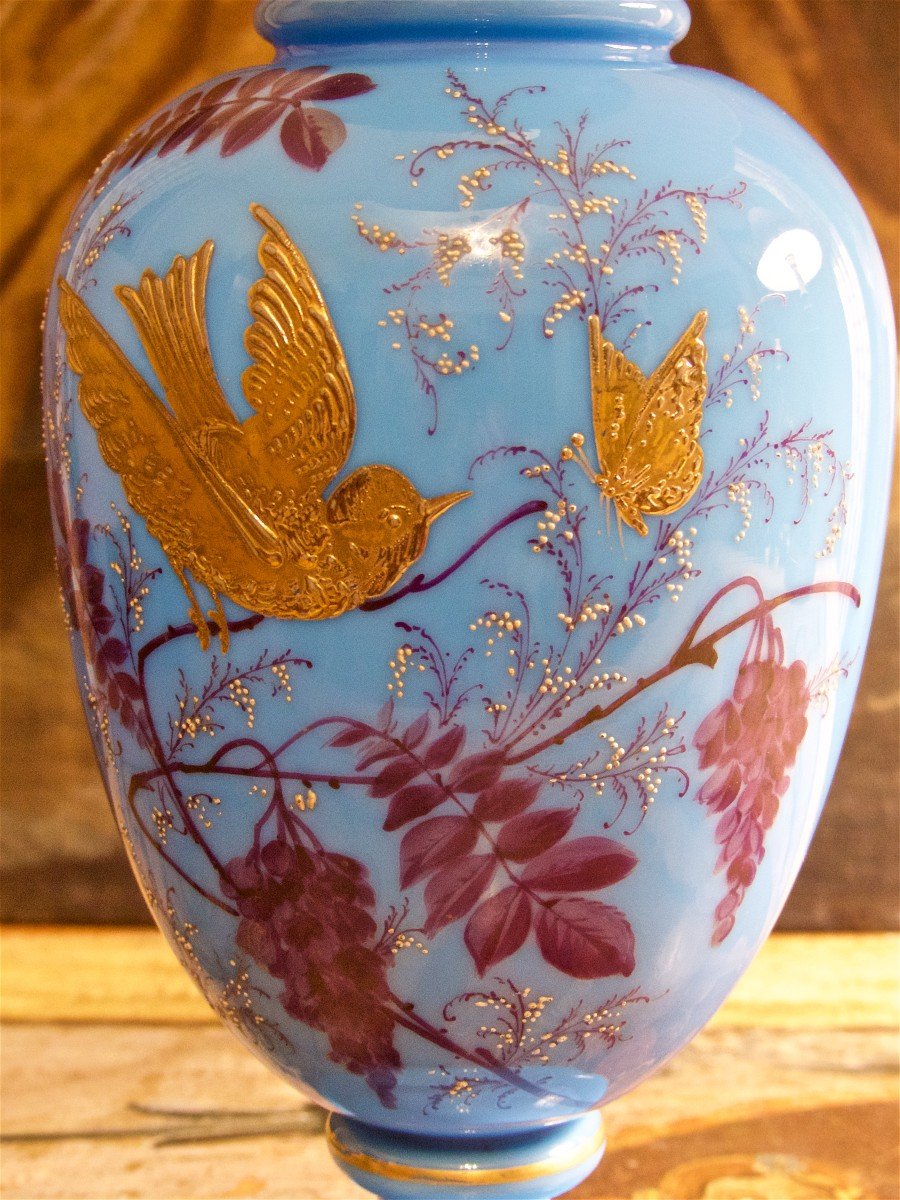 Large Blue Opaline Vase Richly Decorated Mounted In Lamp, 19th Century-photo-3