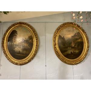 Paire de tableaux peints sur bois 