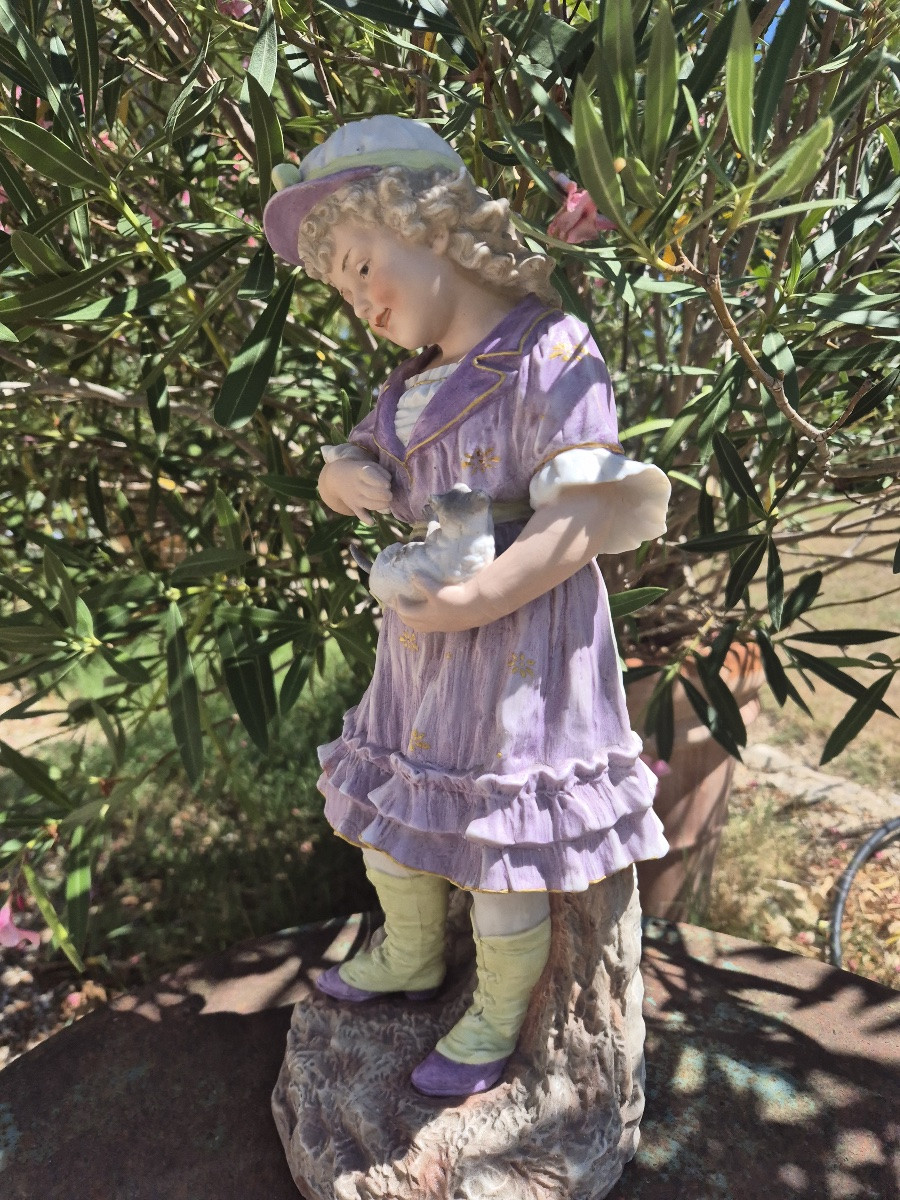 All Bisque " Little Girl With Her Cat" Figurine By Gebruder Heubach Thuringia-photo-4