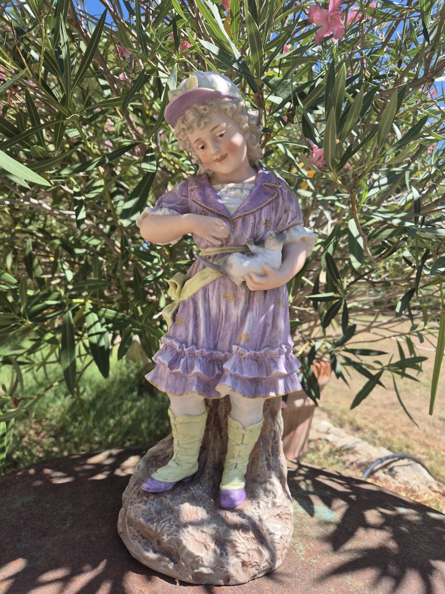All Bisque " Little Girl With Her Cat" Figurine By Gebruder Heubach Thuringia