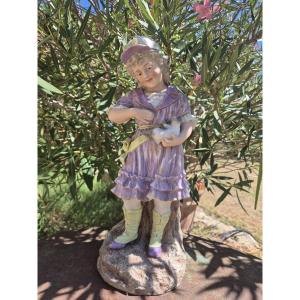 All Bisque " Little Girl With Her Cat" Figurine By Gebruder Heubach Thuringia