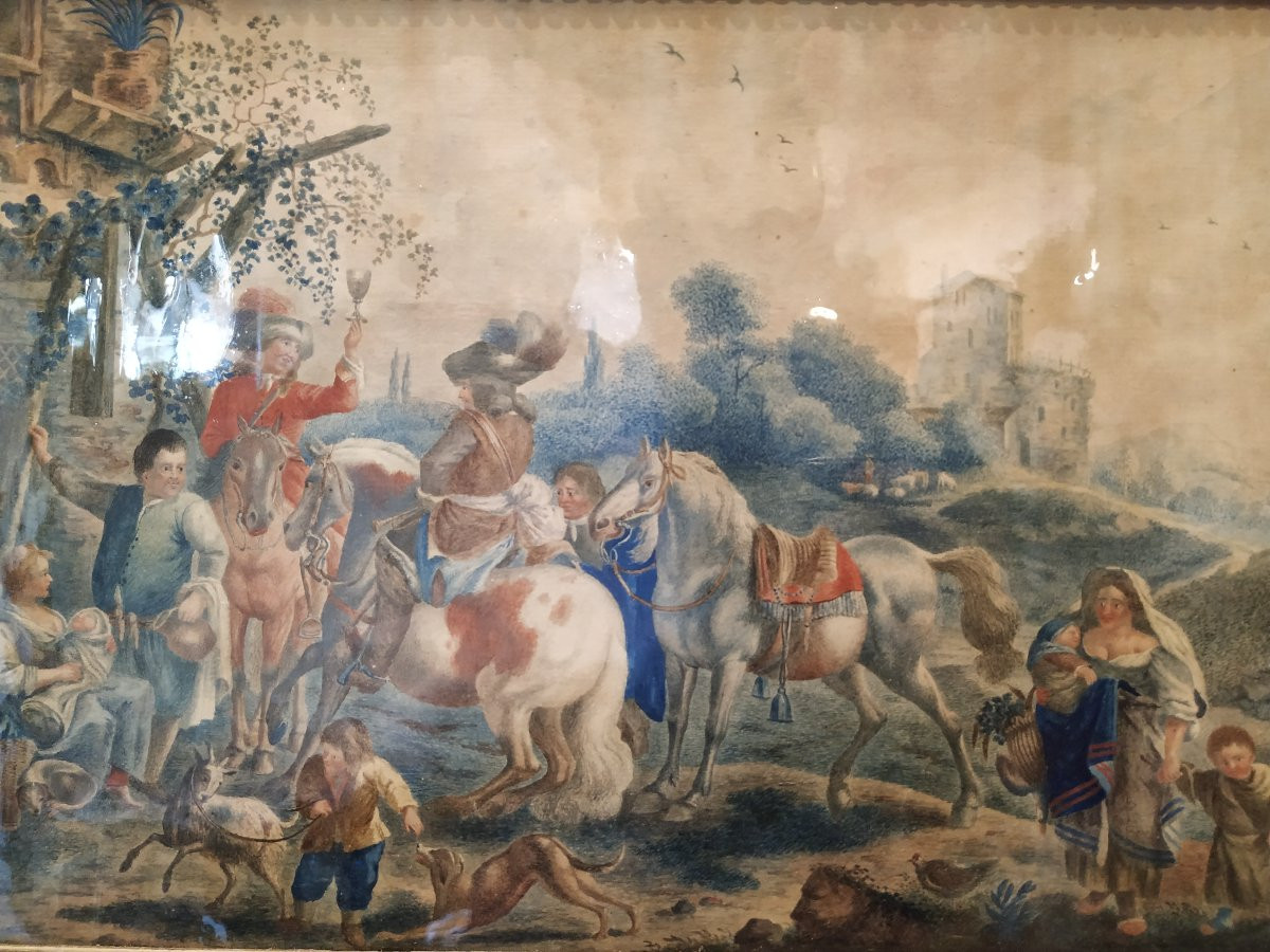 SUITE DE TROIS DESSINS AQUARELLES D'EPOQUE XVIIIe-photo-2