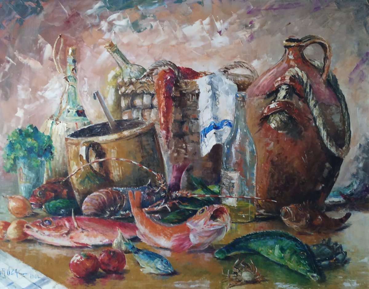 Still Life With Fish By Victor Bruzac, 1962
