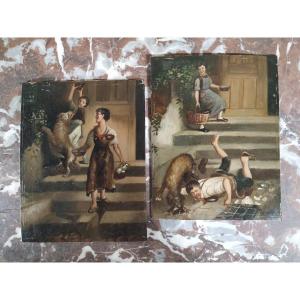 Pair Of Satirical Genre Scenes By Toby Edward Rosenthal 
