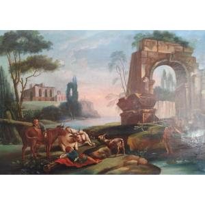 PAYSAGE ITALIEN DANS LE GOUT D'HUBERT ROBERT D'EPOQUE XIXe