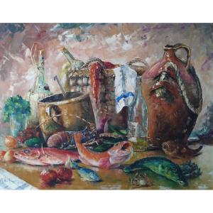 Still Life With Fish By Victor Bruzac, 1962