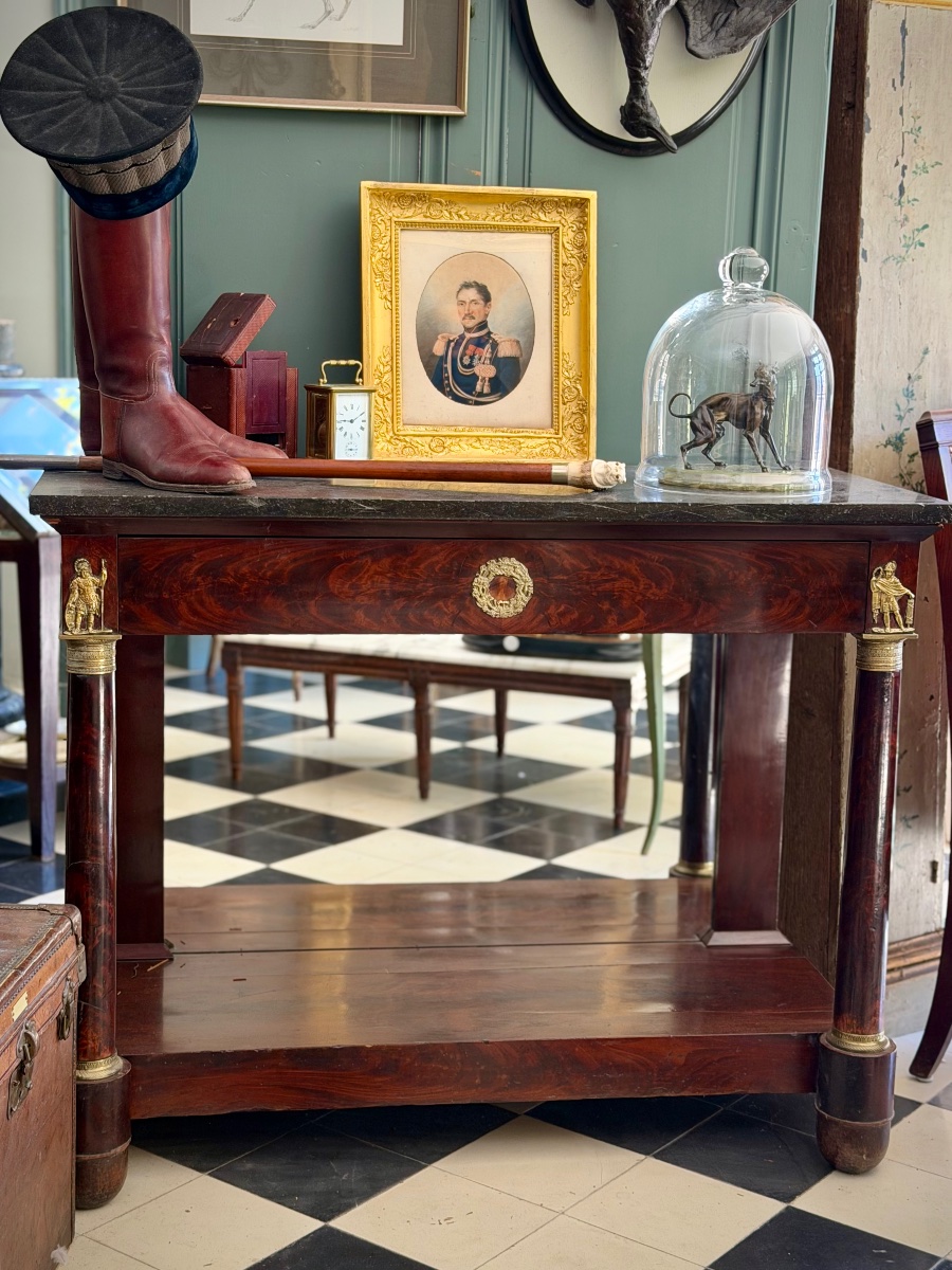 Console d’époque Empire en acajou, bronzes dorés aux guerriers et marbre gris – début XIXe-photo-1