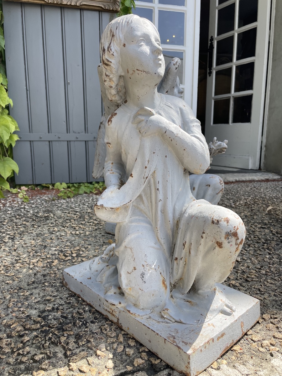 Paire d’anges agenouillés en fonte de fer – A. Durenne, Sommevoire – XIXe siècle-photo-3