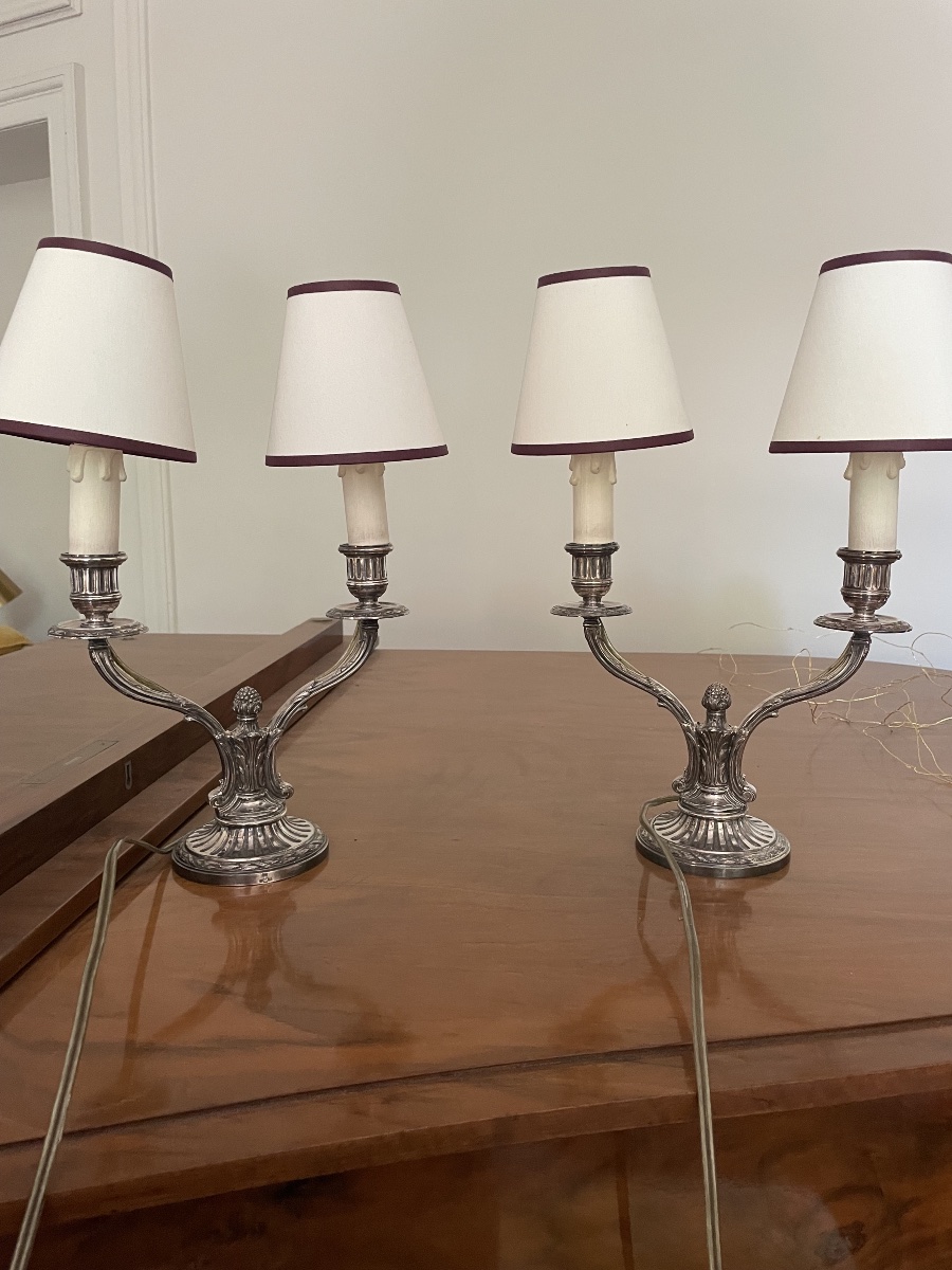 Pair Of Two-light Silver-plated Candlesticks, Late 19th Century-photo-3