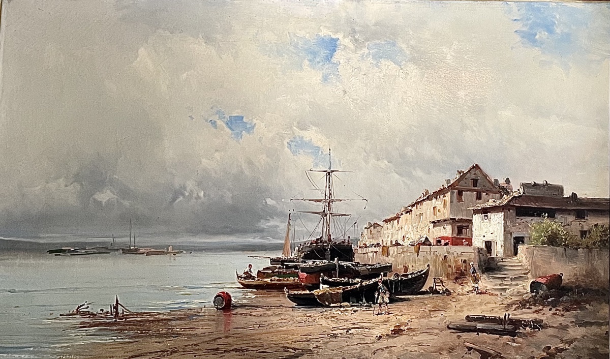Godchaux   Grande marine, scène de port animée  
