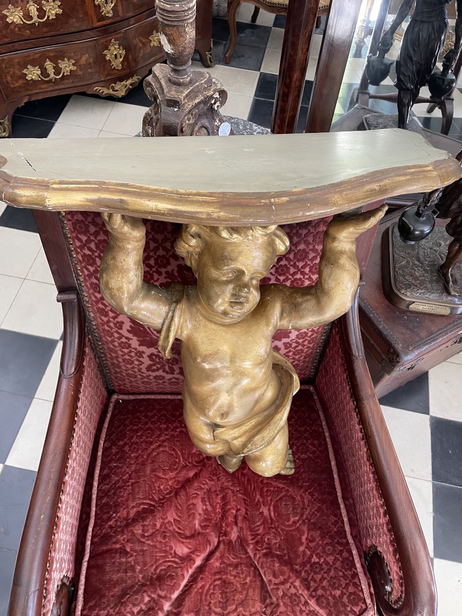Baroque Wall Console Made Of Carved And Gilded Wood, Featuring A Cherub Figure 