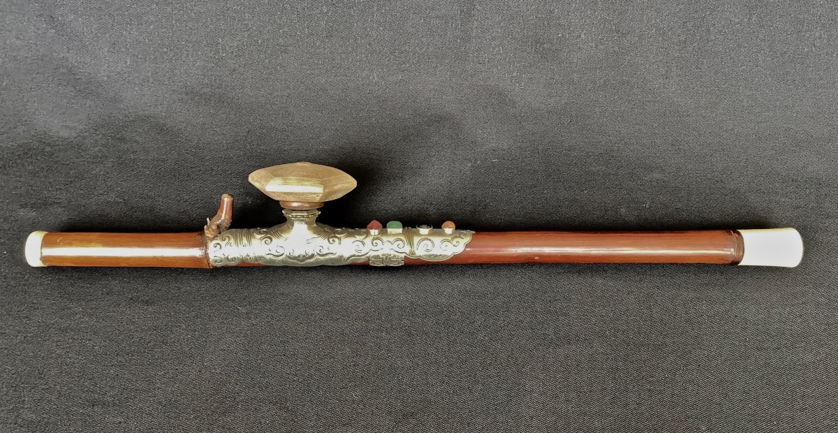 Opium Pipe In Bamboo, Paktong And Coloured Stones