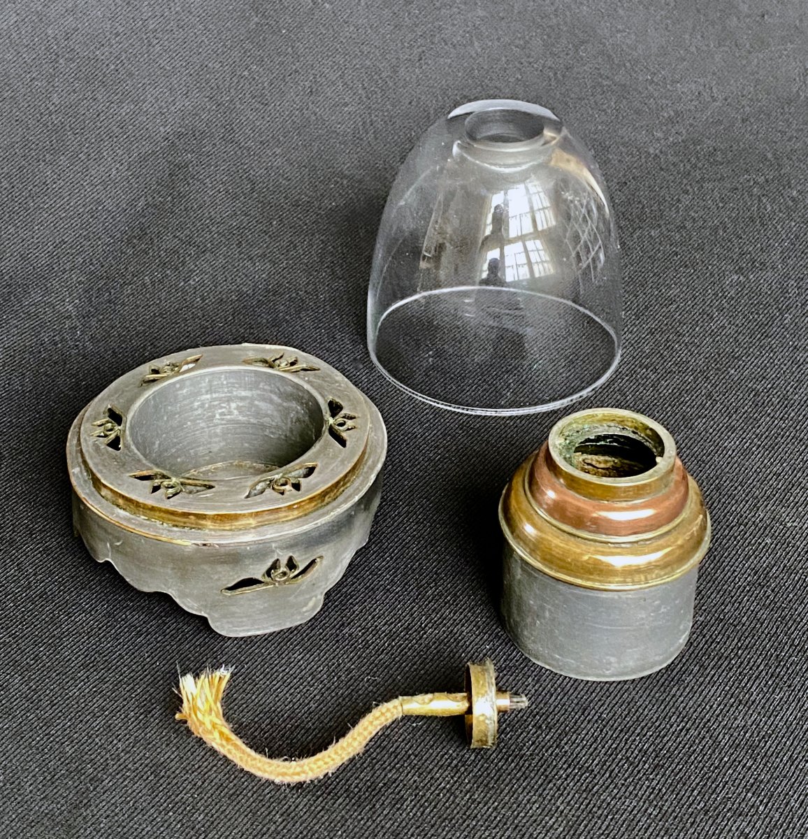 Lampe à opium en étain, laiton et cuivre-photo-4