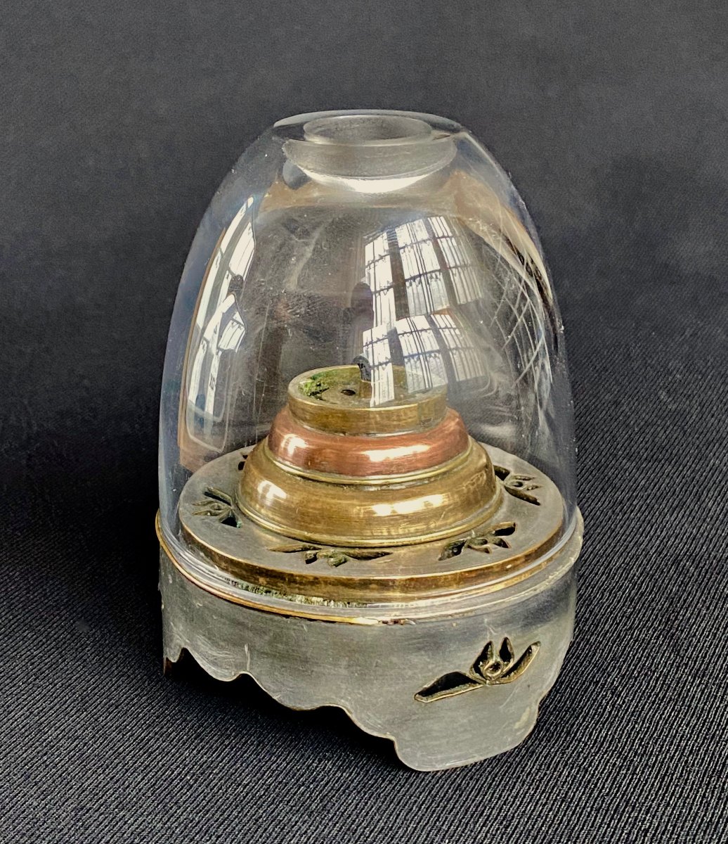 Lampe à opium en étain, laiton et cuivre