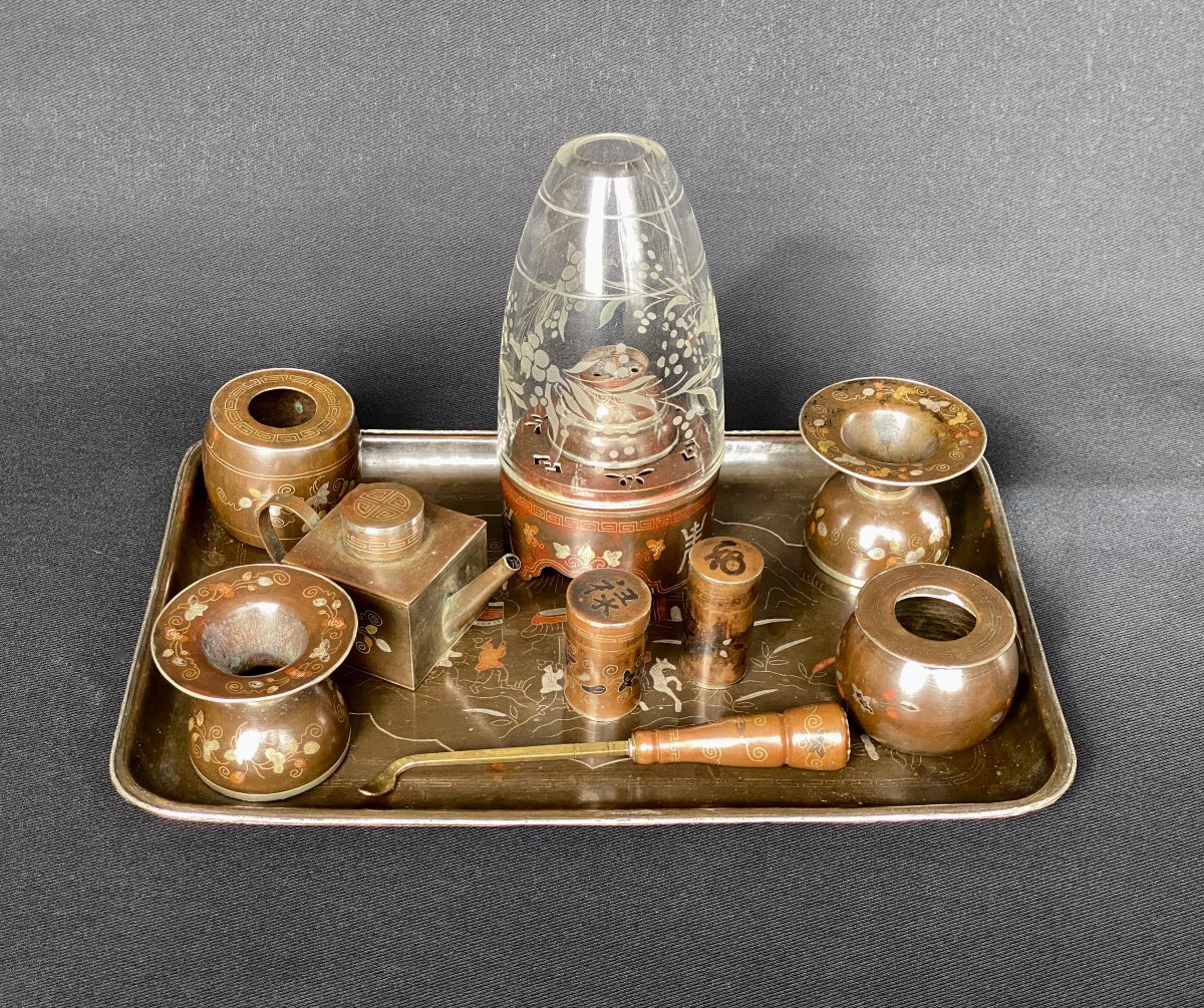Damascened Bronze Opium Smoker's Set