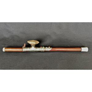 Opium Pipe In Bamboo, Paktong And Coloured Stones