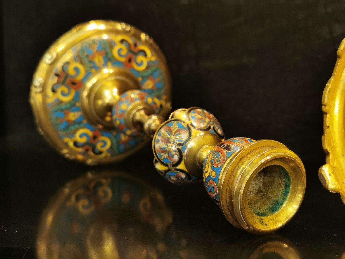 Pair Of Candlesticks In Bronze And Enamel By Ferdinand Barbedienne (1810-1892)-photo-5