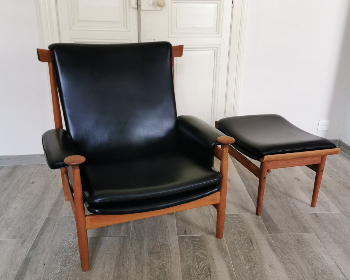 Black leather Bwana Model 152 Easy Chair with foot stool by Finn