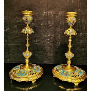 Pair Of Candlesticks In Bronze And Enamel By Ferdinand Barbedienne (1810-1892)