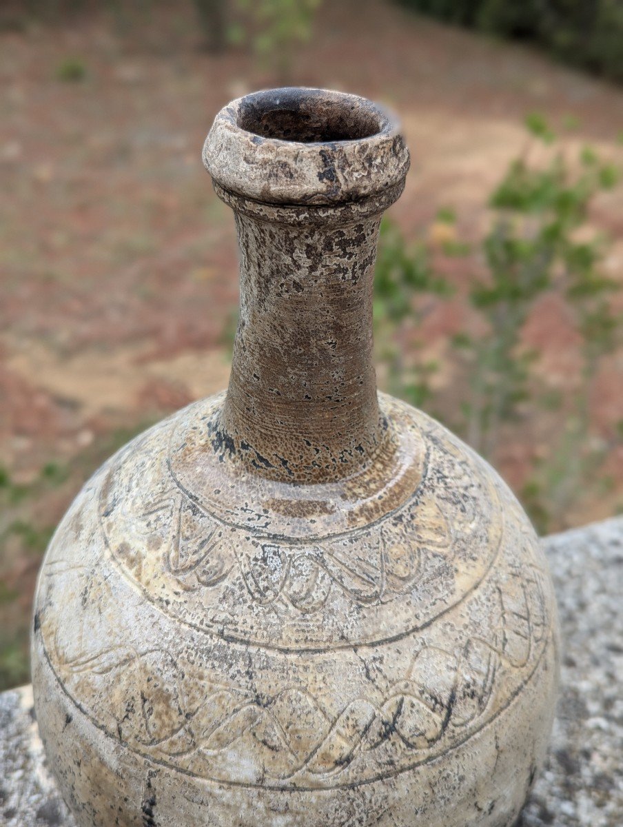 19th Century Stoneware Bottle, Terracotta, Incised Decoration -photo-3
